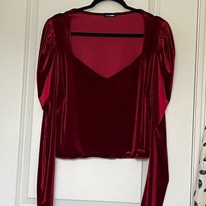 Red velvet puff shoulder long sleeved top